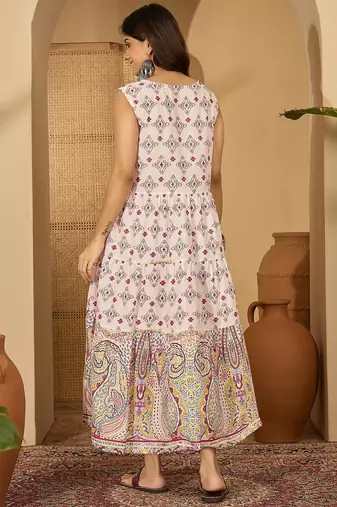 beige print work blended cotton midi dress