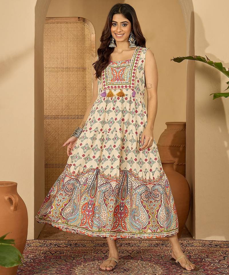 Daylist women ethnic motifs printed cotton slub square neck pleated detail maxi dress