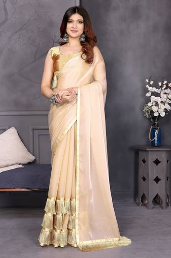 Resham sutra cream silk blend tassel saree with satin gold blouse piece