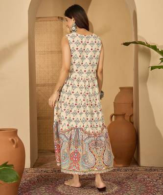 red print work blended cotton a line midi dress 2