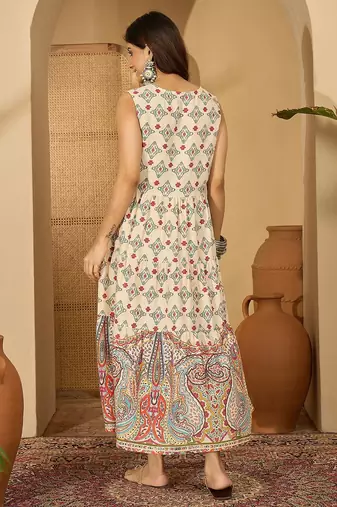red print work blended cotton a line midi dress
