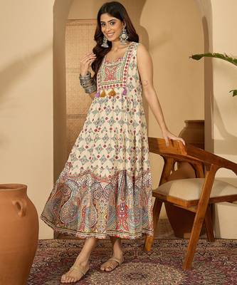 red print work blended cotton a line midi dress 4