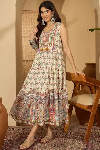 red print work blended cotton a line midi dress