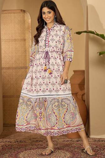 purple paisley printed blended cotton midi dress