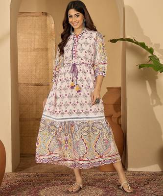 purple paisley printed blended cotton midi dress 2