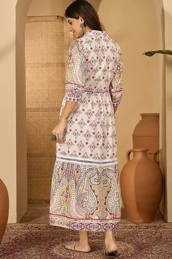 purple paisley printed blended cotton midi dress