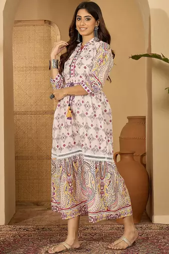 purple paisley printed blended cotton midi dress