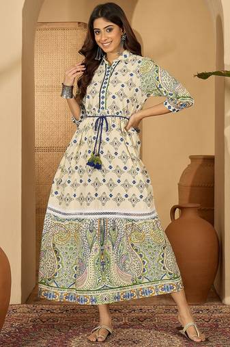 blue printed blended cotton midi dress