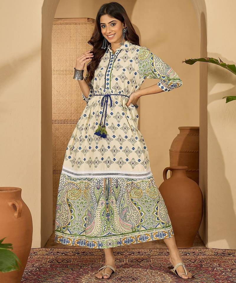 Daylist women cotton printed shirt collar a-line maxi dress