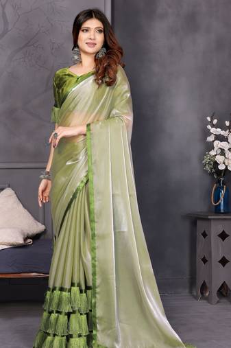 Resham sutra green silk blend tassel saree with satin gold blouse piece