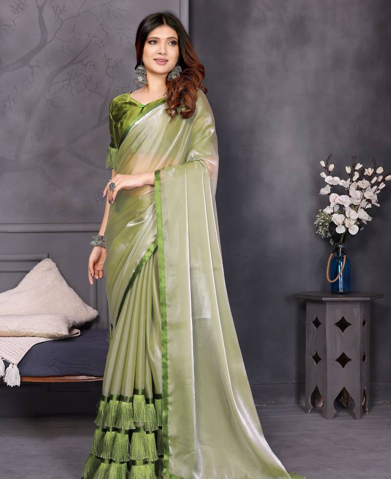 Resham sutra green silk blend tassel saree with satin gold blouse piece