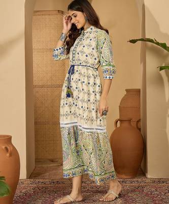 blue printed blended cotton midi dress 3