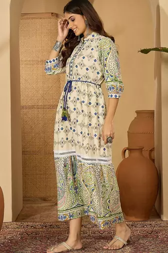 blue printed blended cotton midi dress