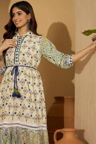 blue printed blended cotton midi dress