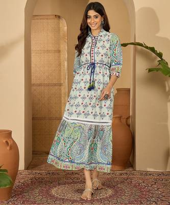 green printed blended cotton flared midi dress 1