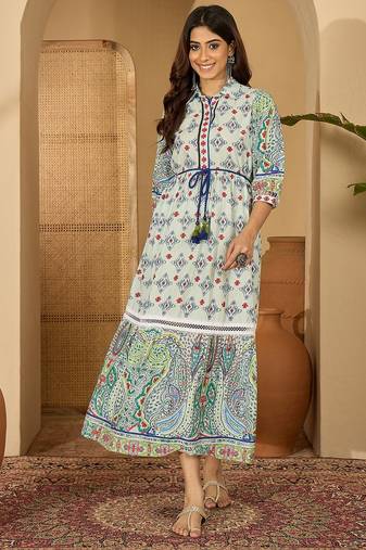 green printed blended cotton flared midi dress