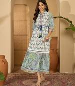 green printed blended cotton flared midi dress