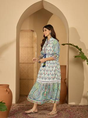 green printed blended cotton flared midi dress 3