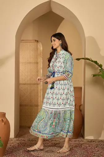 green printed blended cotton flared midi dress