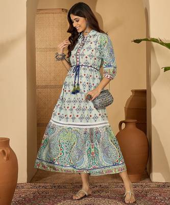 green printed blended cotton flared midi dress 4