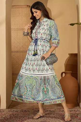 green printed blended cotton flared midi dress