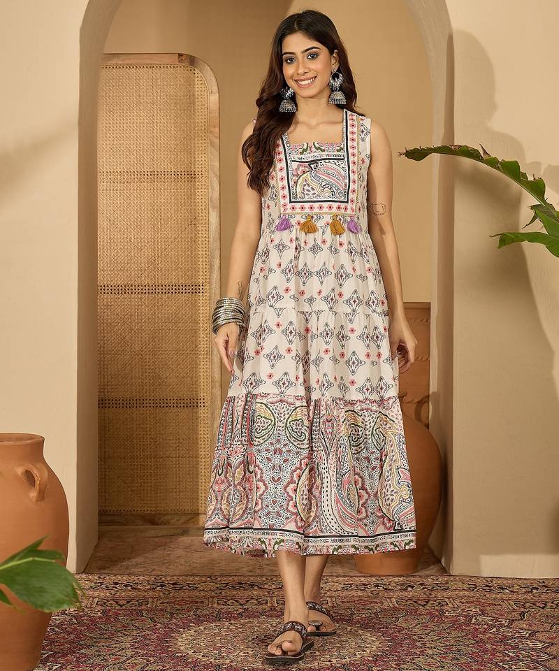 Daylist off white and multicoloured paisley print a-line dress