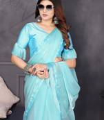 sky blue resham woven silk blend saree