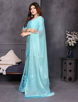 sky blue resham woven silk blend saree 3