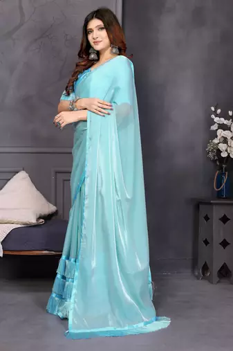 sky blue resham woven silk blend saree