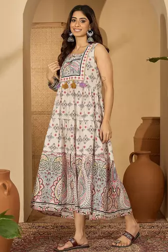 multicolor paisley printed blended cotton midi dress