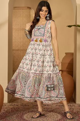multicolor paisley printed blended cotton midi dress