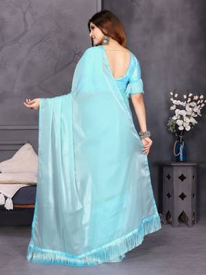 sky blue resham woven silk blend saree 4