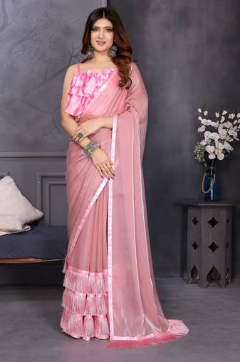 Resham sutra pink silk blend tassel saree with satin gold blouse piece