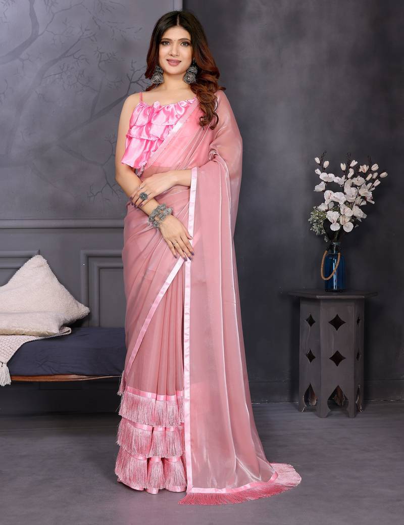 Resham sutra pink silk blend tassel saree with satin PINK blouse piece