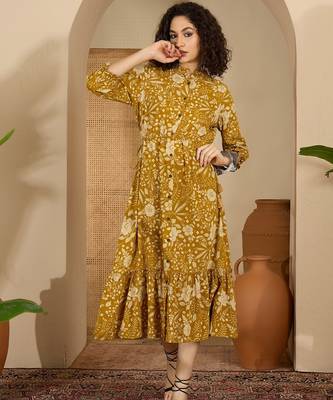yellow floral print cotton a line midi dress 1