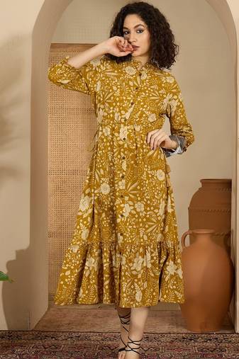 Daylist women cotton slub floral printed puff sleeve a-line midi dress