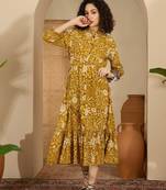 yellow floral print cotton a line midi dress