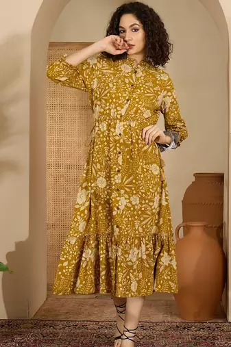 yellow floral print cotton a line midi dress