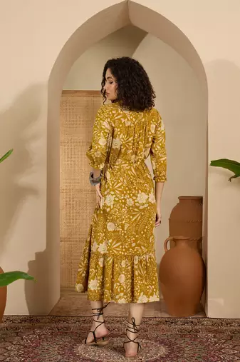 yellow floral print cotton a line midi dress