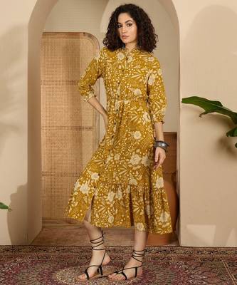 yellow floral print cotton a line midi dress 4