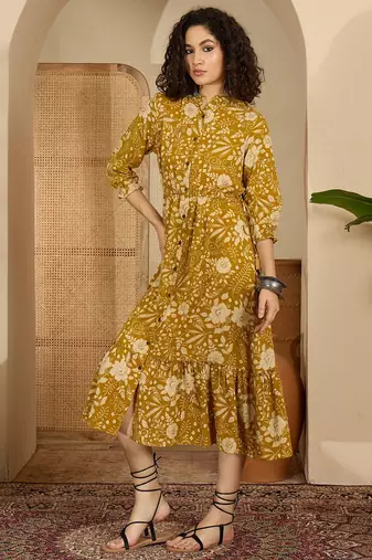 yellow floral print cotton a line midi dress