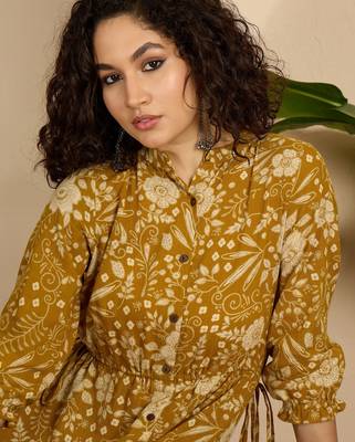 yellow floral print cotton a line midi dress 5