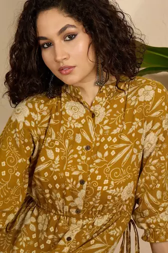 yellow floral print cotton a line midi dress