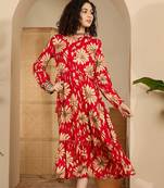 red floral print viscose rayon a line midi dress