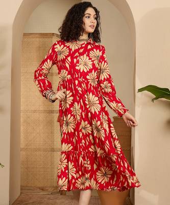 red floral print viscose rayon a line midi dress 2