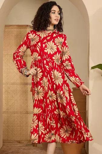 red floral print viscose rayon a line midi dress