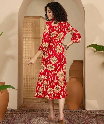 red floral print viscose rayon a line midi dress 3