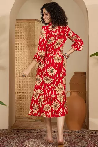 red floral print viscose rayon a line midi dress