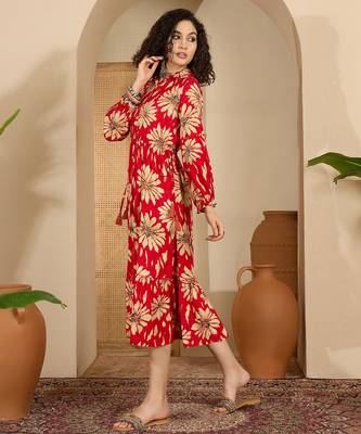 red floral print viscose rayon a line midi dress 4