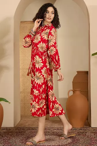 red floral print viscose rayon a line midi dress